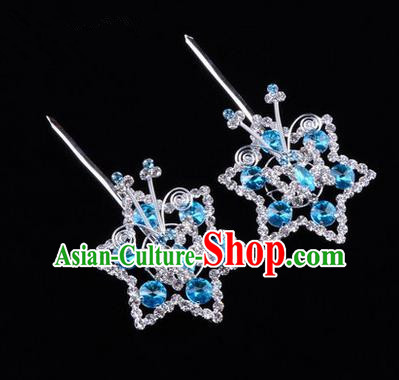 Chinese Ancient Peking Opera Head Accessories Diva Blue Crystal Hexagonal Hairpins, Traditional Chinese Beijing Opera Princess Hua Tan Hair Clasp Head-ornaments