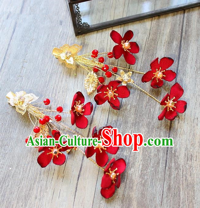 Top Grade Handmade Wedding Bride Hair Accessories Headwear, Traditional Princess Baroque Red Flower Hair Claw Headpiece for Women