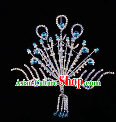 Chinese Ancient Peking Opera Head Accessories Diva Blue Crystal Phoenix Hairpins Step Shake, Traditional Chinese Beijing Opera Princess Hua Tan Hair Clasp Head-ornaments