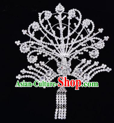 Chinese Ancient Peking Opera Head Accessories Diva White Tassel Crystal Phoenix Hairpins Step Shake, Traditional Chinese Beijing Opera Princess Hua Tan Hair Clasp Head-ornaments