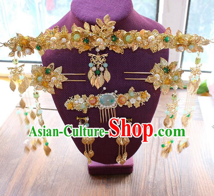 Top Grade Chinese Handmade Wedding Hair Accessories, Traditional China Xiuhe Suit Phoenix Coronet Bride Headwear Hairpins Complete Set for Women