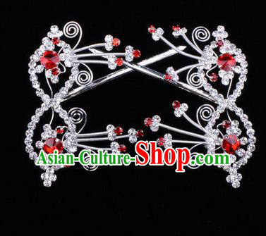 Chinese Ancient Peking Opera Head Accessories Diva Red Crystal Bowknot Hairpins, Traditional Chinese Beijing Opera Princess Hua Tan Hair Clasp Head-ornaments