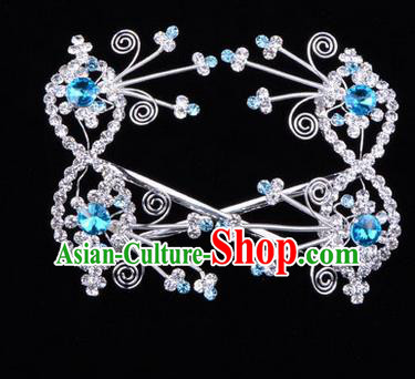 Chinese Ancient Peking Opera Head Accessories Diva Blue Crystal Bowknot Hairpins, Traditional Chinese Beijing Opera Princess Hua Tan Hair Clasp Head-ornaments