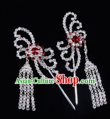 Chinese Ancient Peking Opera Head Accessories Diva Red Crystal Hairpins Tassel Step Shake, Traditional Chinese Beijing Opera Princess Hua Tan Hair Clasp Head-ornaments