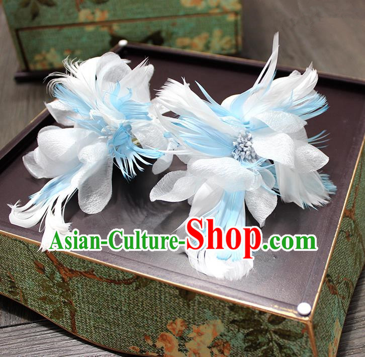 Top Grade Handmade Wedding Bride Hair Accessories Hairpins, Traditional Baroque Queen Blue Feather Hair Stick Wedding Headpiece for Women