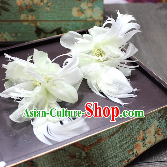 Top Grade Handmade Wedding Bride Hair Accessories Hairpins, Traditional Baroque Queen Green Feather Hair Stick Wedding Headpiece for Women