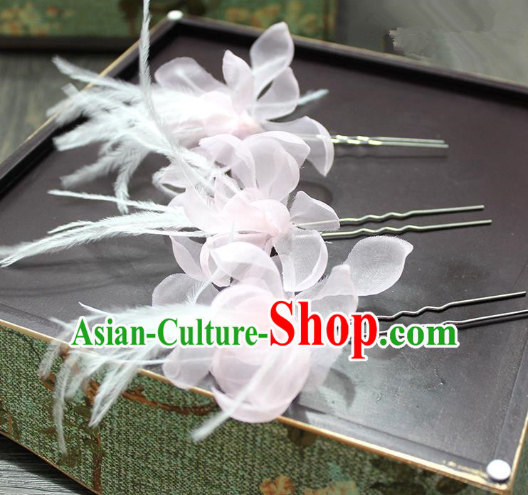 Top Grade Handmade Wedding Bride Hair Accessories Hairpins, Traditional Baroque Queen Feather Pink Silk Hair Stick Wedding Headpiece for Women