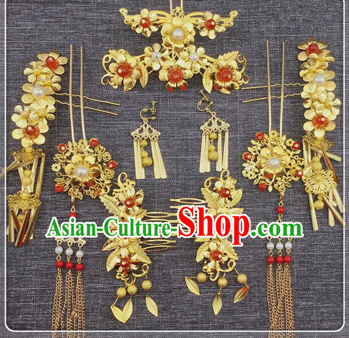 Top Grade Chinese Handmade Wedding Hair Accessories, Traditional China Xiuhe Suit Phoenix Coronet Bride Tassel Hairpins Complete Set for Women