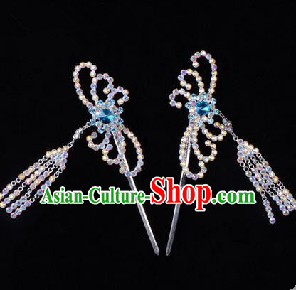 Chinese Ancient Peking Opera Head Accessories Diva Blue Colorful Crystal Hairpins Tassel Step Shake, Traditional Chinese Beijing Opera Princess Hua Tan Hair Clasp Head-ornaments