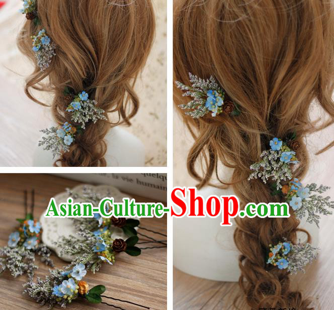 Top Grade Handmade Wedding Bride Hair Accessories Hairpins Complete Set, Traditional Princess Blue Flowers Wedding Headwear for Women
