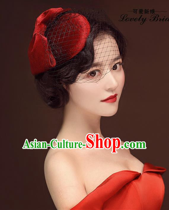 Top Grade Handmade Wedding Bride Accessories Top Hat, Traditional Princess Wedding Wine Red Headwear Veil for Women