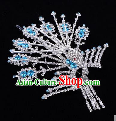 Chinese Ancient Peking Opera Head Accessories Diva Crystal Phoenix Hairpins Blue Tassel Step Shake, Traditional Chinese Beijing Opera Princess Hua Tan Hair Clasp Head-ornaments