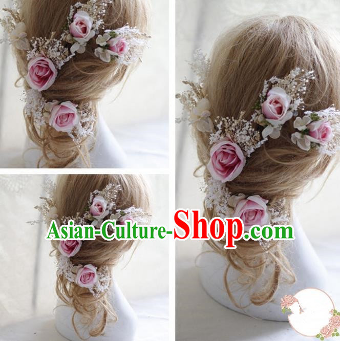 Top Grade Handmade Wedding Bride Hair Accessories Pink Flowers Hairpin, Traditional Princess Baroque Rose Headpiece for Women