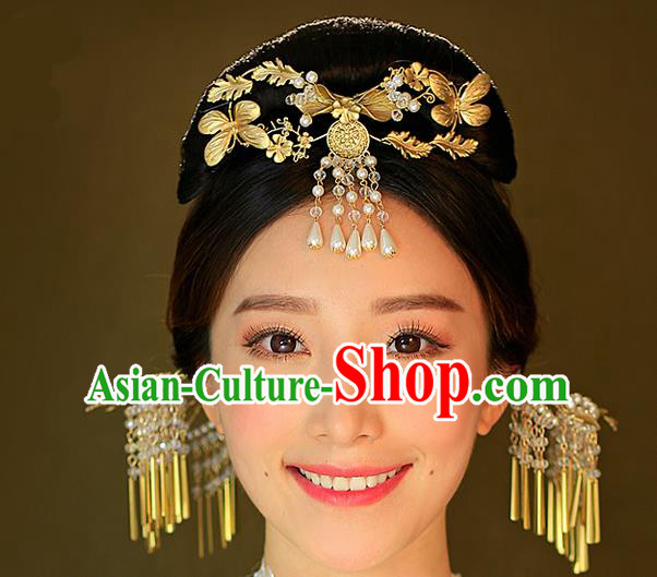 Top Grade Chinese Handmade Wedding Hair Accessories Forehead Ornament, Traditional China Xiuhe Suit Phoenix Coronet Bride Hanfu Tassel Hairpins Complete Set for Women