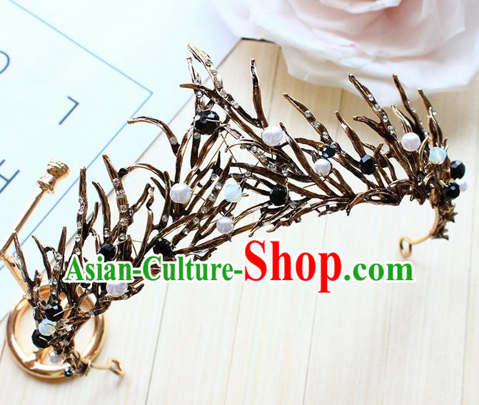 Top Grade Handmade Wedding Bride Hair Accessories Black Crown, Traditional Baroque Queen Pearl Royal Crown Wedding Headpiece for Women