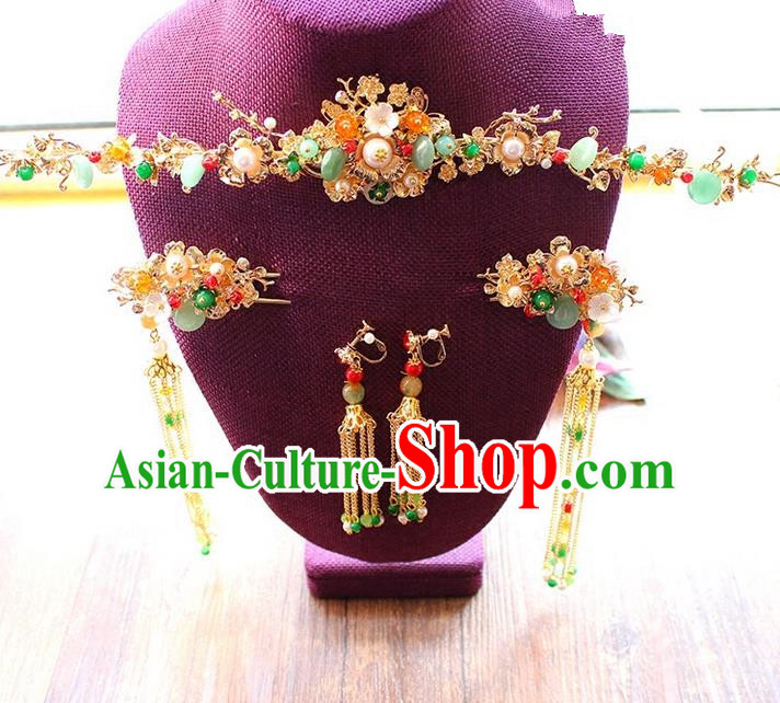 Top Grade Chinese Handmade Wedding Jade Hair Accessories Complete Set, Traditional China Xiuhe Suit Bride Hanfu Tassel Hairpins Headwear for Women