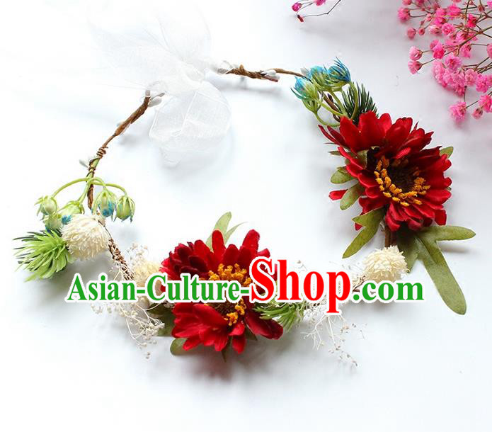 Top Grade Handmade Wedding Bride Hair Accessories Headwear Garland, Traditional Princess Crystal Wedding Red Flowers Headpiece for Women