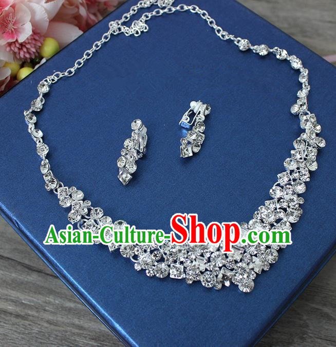Top Grade Handmade Wedding Bride Accessories CZ Diamond Necklace and Long Earrings Complete Set, Traditional Princess Crystal Wedding Jewelry for Women