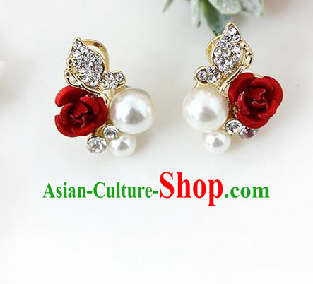 Top Grade Handmade China Wedding Bride Accessories Pearl Earrings, Traditional Princess Wedding Rose Eardrop for Women