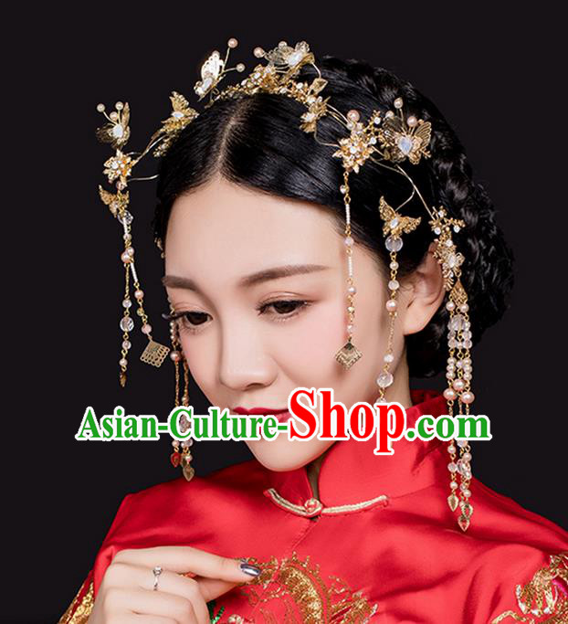 Top Grade Chinese Handmade Wedding Hair Accessories Complete Set, Traditional China Xiuhe Suit Bride Hair Clasp Hanfu Tassel Hairpins Headwear for Women