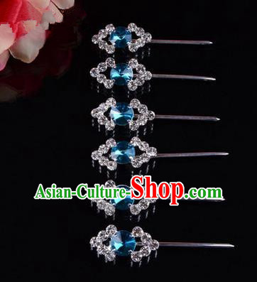 Chinese Ancient Peking Opera Head Accessories Diva Blue Crystal Hairpins Rhombus Step Shake, Traditional Chinese Beijing Opera Princess Hua Tan Hair Clasp Head-ornaments