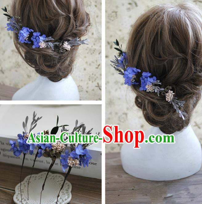 Top Grade Handmade Wedding Bride Hair Accessories Blue Flowers Hairpin Complete Set, Traditional Princess Baroque Headpiece for Women