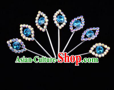 Chinese Ancient Peking Opera Head Accessories Diva Blue Crystal Hairpins Step Shake, Traditional Chinese Beijing Opera Princess Hua Tan Hair Clasp Head-ornaments