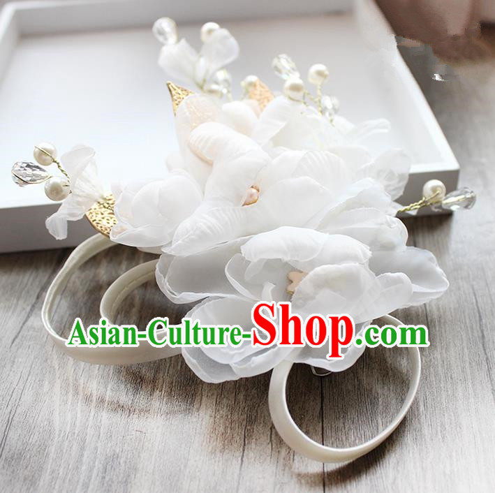 Top Grade Handmade Wedding Bride Hair Accessories White Flower Hairpin Hair Clip, Traditional Princess Baroque Pearl Headpiece for Women