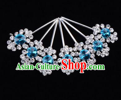 Chinese Ancient Peking Opera Head Accessories Diva Blue Crystal Hairpins Step Shake, Traditional Chinese Beijing Opera Princess Hua Tan Hair Clasp Head-ornaments