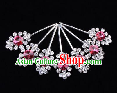 Chinese Ancient Peking Opera Head Accessories Diva Pink Crystal Hairpins Step Shake, Traditional Chinese Beijing Opera Princess Hua Tan Hair Clasp Head-ornaments