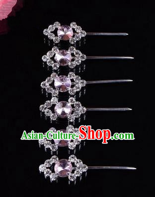 Chinese Ancient Peking Opera Head Accessories Diva Pink Crystal Hairpins Step Shake, Traditional Chinese Beijing Opera Princess Hua Tan Hair Clasp Head-ornaments