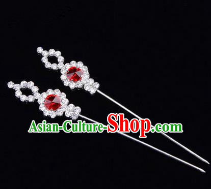 Chinese Ancient Peking Opera Head Accessories Diva Red Crystal Hairpins, Traditional Chinese Beijing Opera Princess Hua Tan Hair Clasp Head-ornaments GuDuo Needle