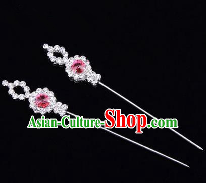 Chinese Ancient Peking Opera Head Accessories Diva Pink Crystal Hairpins, Traditional Chinese Beijing Opera Princess Hua Tan Hair Clasp Head-ornaments GuDuo Needle