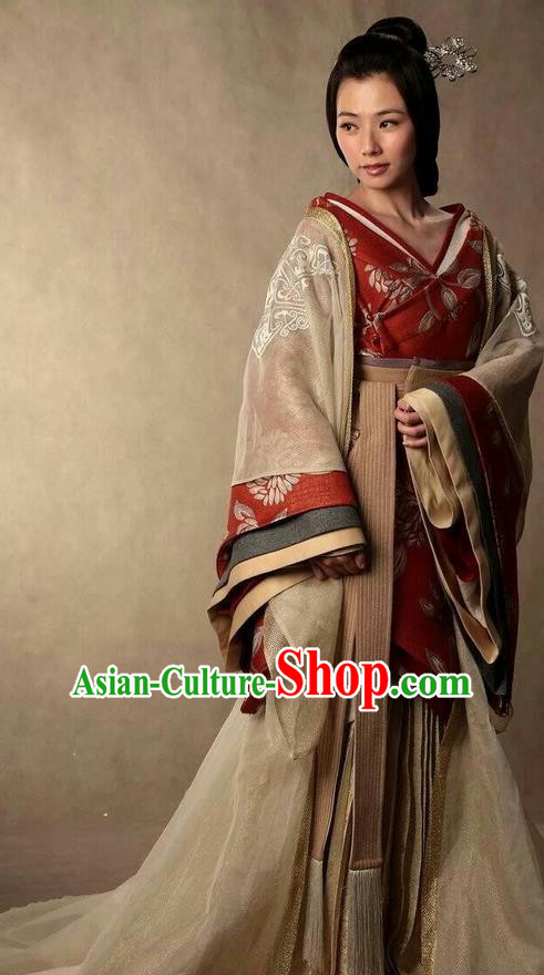 Traditional Ancient Chinese Imperial Princess Costume and Headpiece Complete Set, Elegant Hanfu Clothing Chinese Han Dynasty Dowager Embroidered Dress Clothing