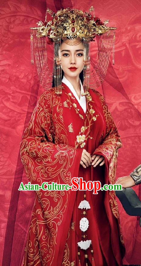 Traditional Chinese Imperial Princess Wedding Costume and Handmade Headpiece Complete Set, Chinese Style Ancient Hanfu Bride Wedding Embroidered Red Dress for Women
