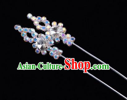 Chinese Ancient Peking Opera Head Accessories Diva Colorful White Crystal Hairpins, Traditional Chinese Beijing Opera Princess Hua Tan Hair Clasp Head-ornaments GuDuo Needle