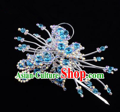Chinese Ancient Peking Opera Head Accessories Diva Blue Colorful Crystal Butterfly Hairpins, Traditional Chinese Beijing Opera Princess Hua Tan Hair Clasp Head-ornaments