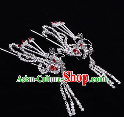 Chinese Ancient Peking Opera Head Accessories Diva Colorful Crystal Red Phoenix Tassel Hairpins, Traditional Chinese Beijing Opera Princess Hua Tan Hair Clasp Head-ornaments