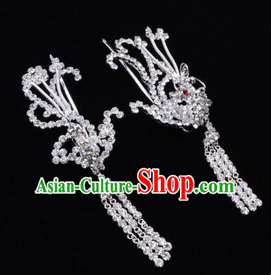 Chinese Ancient Peking Opera Head Accessories Diva Colorful Crystal White Phoenix Tassel Hairpins, Traditional Chinese Beijing Opera Princess Hua Tan Hair Clasp Head-ornaments