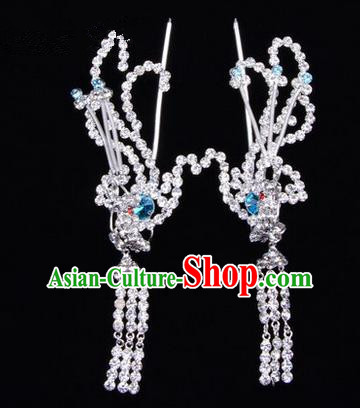 Chinese Ancient Peking Opera Head Accessories Diva Colorful Crystal Blue Phoenix Tassel Hairpins, Traditional Chinese Beijing Opera Princess Hua Tan Hair Clasp Head-ornaments