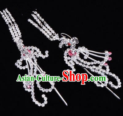 Chinese Ancient Peking Opera Head Accessories Diva Colorful Crystal Pink Phoenix Tassel Hairpins, Traditional Chinese Beijing Opera Princess Hua Tan Hair Clasp Head-ornaments