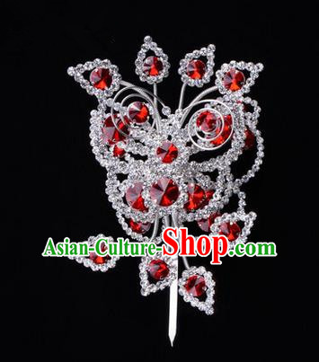 Chinese Ancient Peking Opera Head Accessories Diva Crystal Red Poppyhead Hairpins, Traditional Chinese Beijing Opera Princess Hua Tan Hair Clasp Head-ornaments