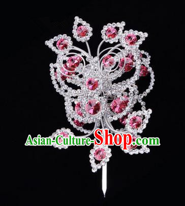 Chinese Ancient Peking Opera Head Accessories Diva Crystal Pink Poppyhead Hairpins, Traditional Chinese Beijing Opera Princess Hua Tan Hair Clasp Head-ornaments