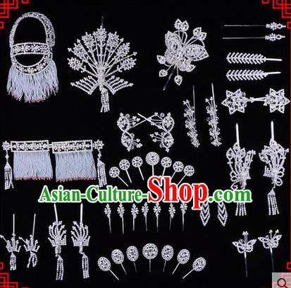 Chinese Ancient Peking Opera Head Accessories Diva White Crystal Phoenix Coronet Hairpins, Traditional Chinese Beijing Opera Princess Hua Tan Hair Clasp Head-ornaments Complete Set