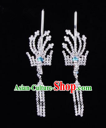 Chinese Ancient Peking Opera Head Accessories Diva Crystal Blue Tassel Hairpins, Traditional Chinese Beijing Opera Princess Hua Tan Hair Clasp Head-ornaments