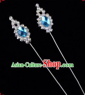 Chinese Ancient Peking Opera Head Accessories Diva Blue Crystal Flower Bud Hairpins, Traditional Chinese Beijing Opera Princess Hua Tan Hair Clasp Head-ornaments