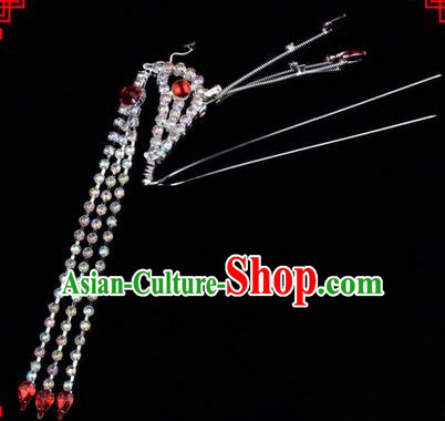 Chinese Ancient Peking Opera Head Accessories Diva Red Crystal Long Tassel Phoenix Hairpins, Traditional Chinese Beijing Opera Princess Hua Tan Hair Clasp Head-ornaments