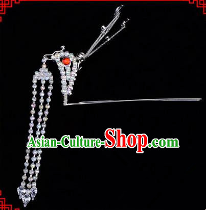 Chinese Ancient Peking Opera Head Accessories Diva White Crystal Long Tassel Phoenix Hairpins, Traditional Chinese Beijing Opera Princess Hua Tan Hair Clasp Head-ornaments