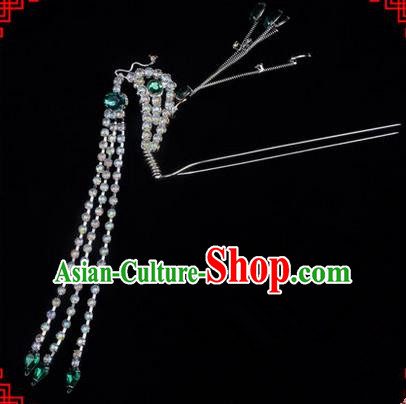 Chinese Ancient Peking Opera Head Accessories Diva Green Crystal Long Tassel Phoenix Hairpins, Traditional Chinese Beijing Opera Princess Hua Tan Hair Clasp Head-ornaments