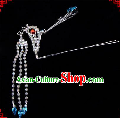 Chinese Ancient Peking Opera Head Accessories Diva Blue Crystal Long Tassel Phoenix Hairpins, Traditional Chinese Beijing Opera Princess Hua Tan Hair Clasp Head-ornaments